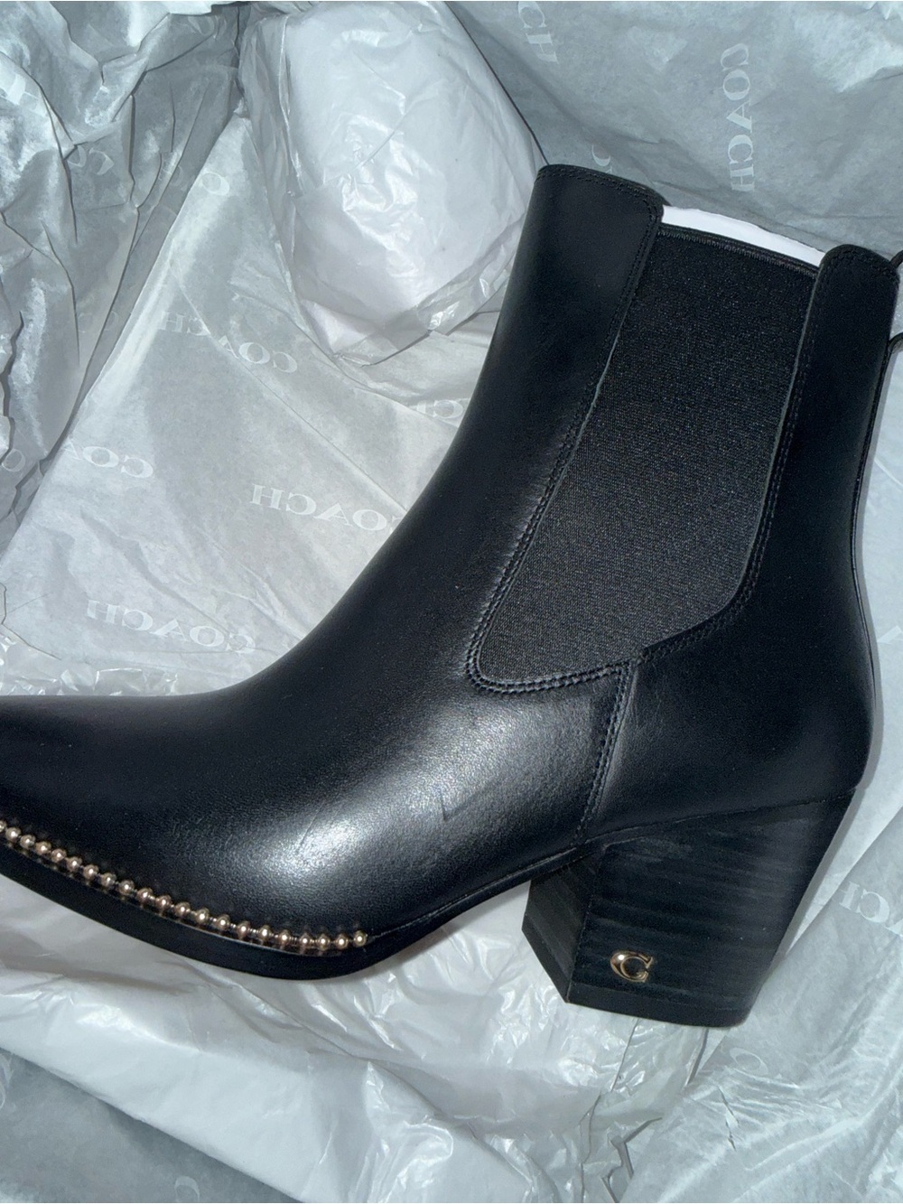 Coach Black Leather Chelsea Boot with Stud Detail